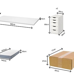 Materac podwójny x 1, Blat kuchenny x 1, Szafka biurowa x 2, koło samochodowe x 4, Krzesło obrotowe 