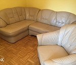 Sofa skórzana (beżowa / ecru / nude) + fotel